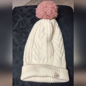 Fabletics Cream Pink Pom Cable Knit Women Skully Cap